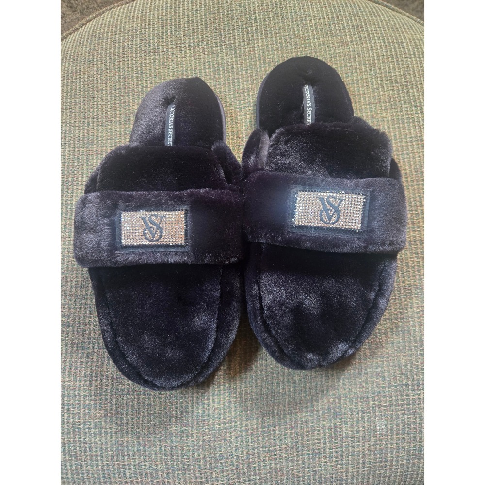 Victoria's Secret Black Faux Fur Rhinestone VS Logo Slide Slippers Women Medium